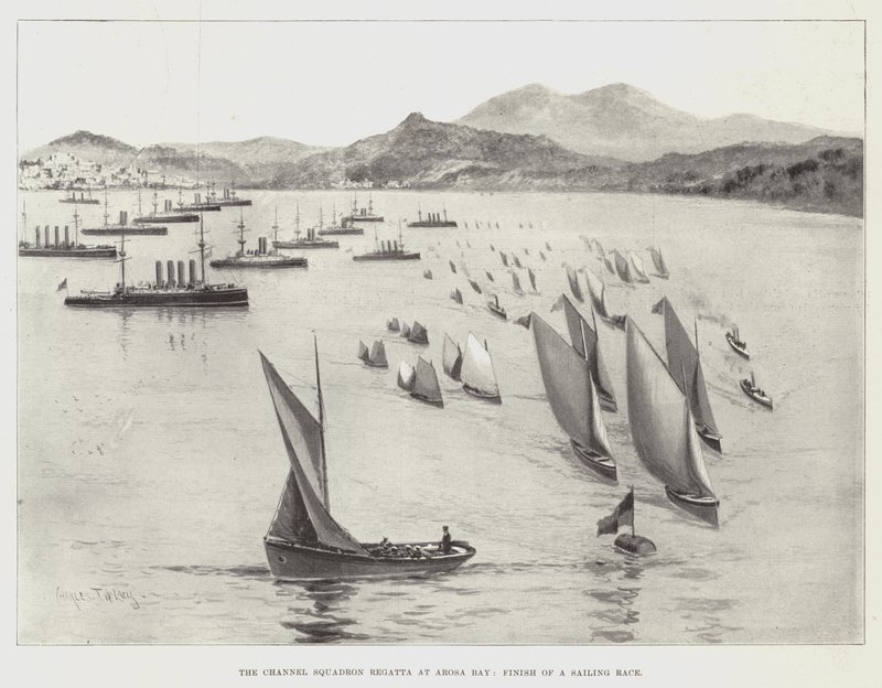 The Channel Squadron Regatta at Arosa Bay, Finish of a Sailing Race by Charles John de Lacy
