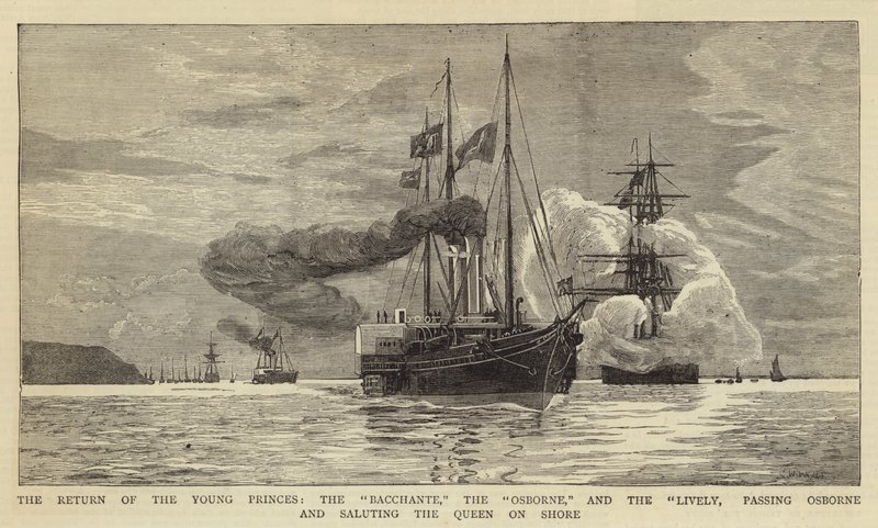 The Return of the Young Princes, the Bacchante the Osborne and the Lively, passing Osborne and saluting the Queen on Shore by Charles William Wyllie
