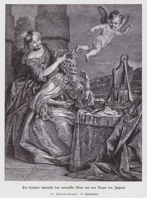 Folly Embellishes Withered Old Age with the Adornments of Youth by Charles Antoine (after) Coypel