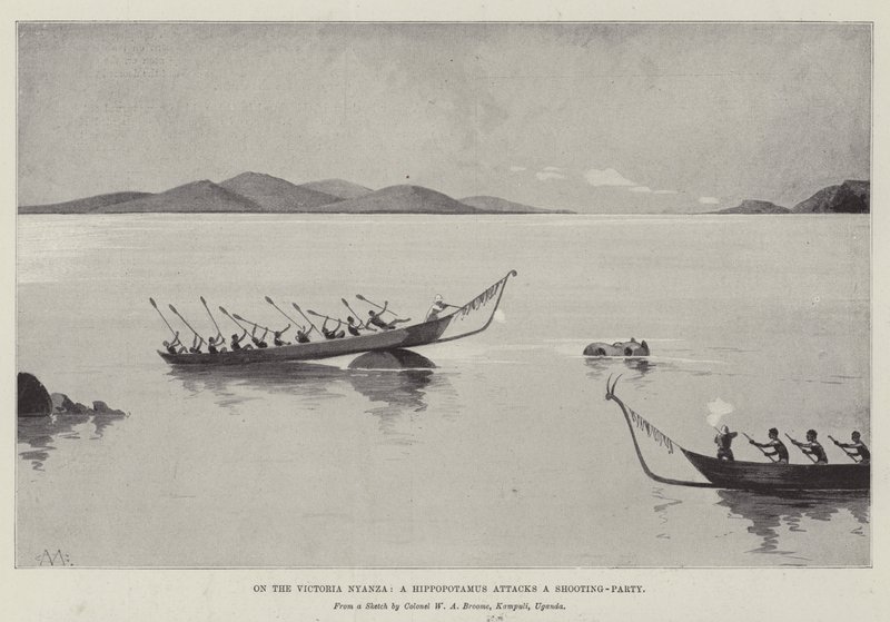 On the Victoria Nyanza, a Hippopotamus Attacks a Shooting-Party by Charles Auguste Loye