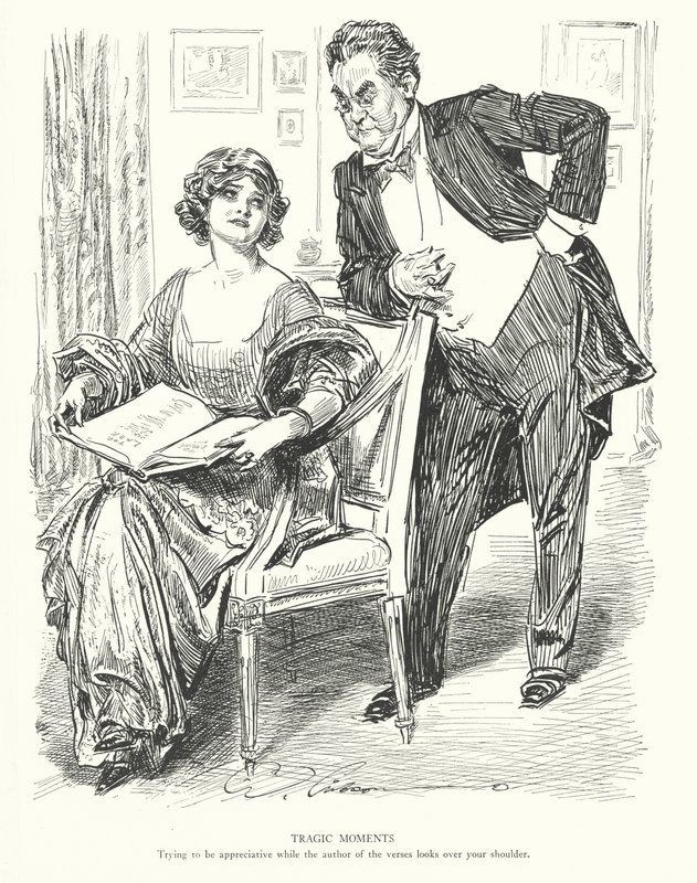 Tragic Moments, Trying to be appreciative while the author of the verses looks over your shoulder by Charles Dana Gibson