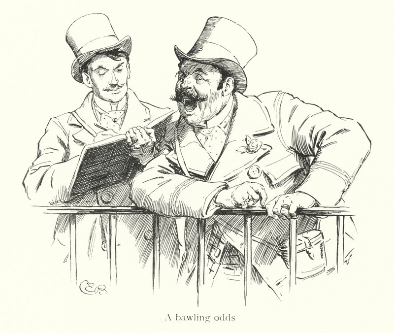 Bookie bawling odds at a race course by Charles Edmund Brock