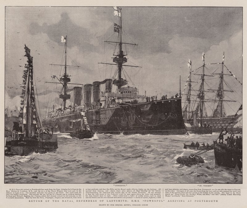 Return of the Naval Defenders of Ladysmith, HMS Powerful arriving at Portsmouth by Charles Edward Dixon