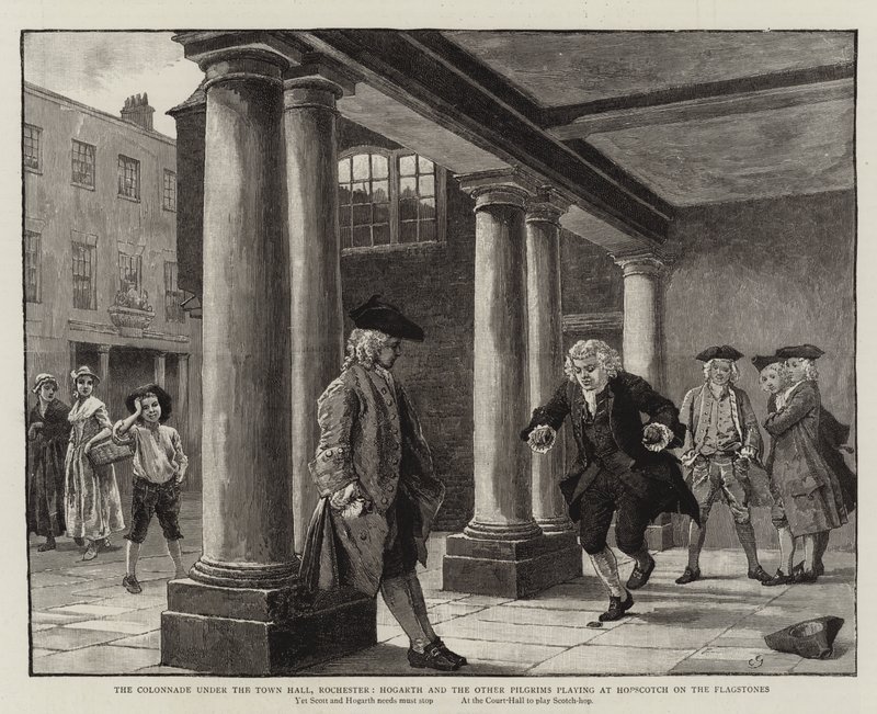 The Colonnade under the Town Hall, Rochester, Hogarth and the Other Pilgrims Playing at Hopscotch on the Flagstones by Charles Green