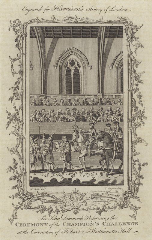 Sir John Dimmock Performing the Ceremony of the Champions Challenge at the Coronation of Richard II in Westminster Hall, 1377 by Charles Grignion
