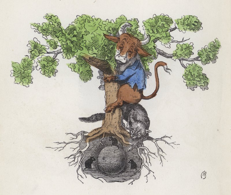 Cow up a tree above a cat hunting mice eating cheese by Charles Henry (after) Bennett