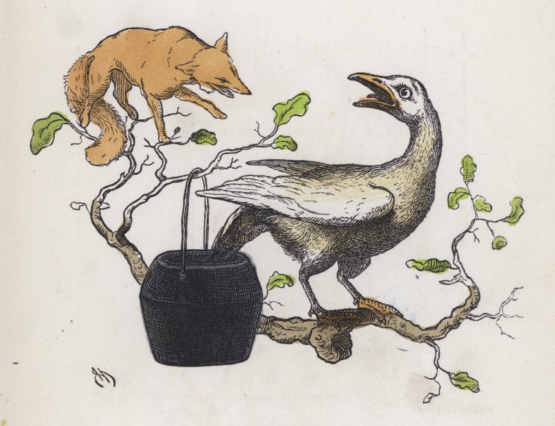Fox and a goose with its tail in a pot of glue by Charles Henry (after) Bennett