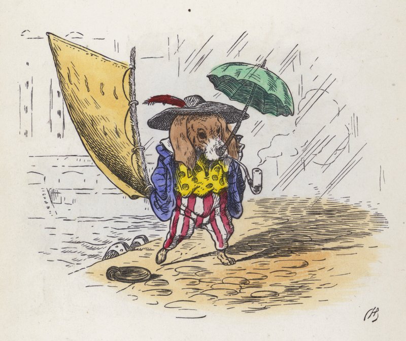Litte Jack Tar: dog using his tail for a sail and his nose for an umbrella by Charles Henry (after) Bennett