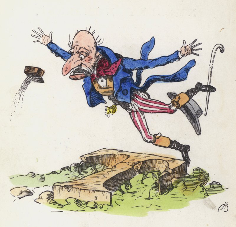 Old man tripping over a rock shaped like the letter T by Charles Henry (after) Bennett