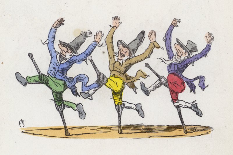Three beggars running away after pretending to be disabled by Charles Henry (after) Bennett