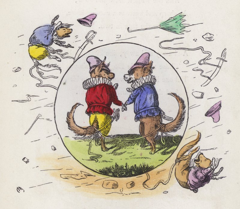 Two dogs in Tudor costume out for a walk on a windy day with their tails tied together to stop them being blown away by Charles Henry (after) Bennett