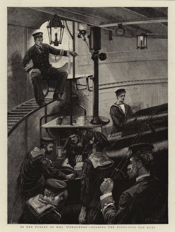 In the Turret of H M S Conqueror, loading the Forty-Five Ton Guns by Charles J. Staniland