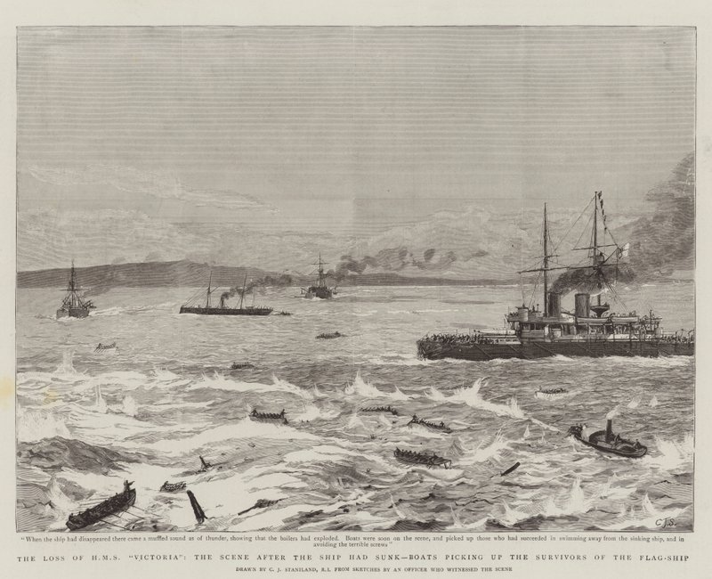 The Loss of HMS Victoria, the Scene after the Ship had sunk, Boats picking up the Survivors of the Flag-Ship by Charles J. Staniland