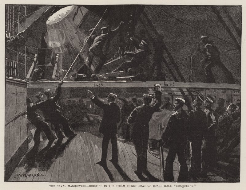 The Naval Manoeuvres, Hoisting in the Steam Picket Boat on Board HMS Conqueror by Charles J. Staniland