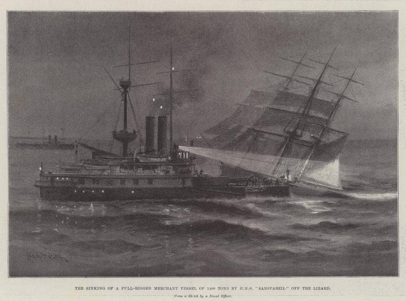 The Sinking of a Full-Rigged Merchant Vessel of 1400 Tons by HMS Sanspareil off the Lizard by Charles John de Lacy