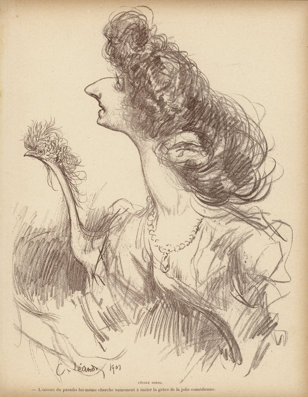 Caricature of French comic actress Cecile Sorel by Charles Leandre