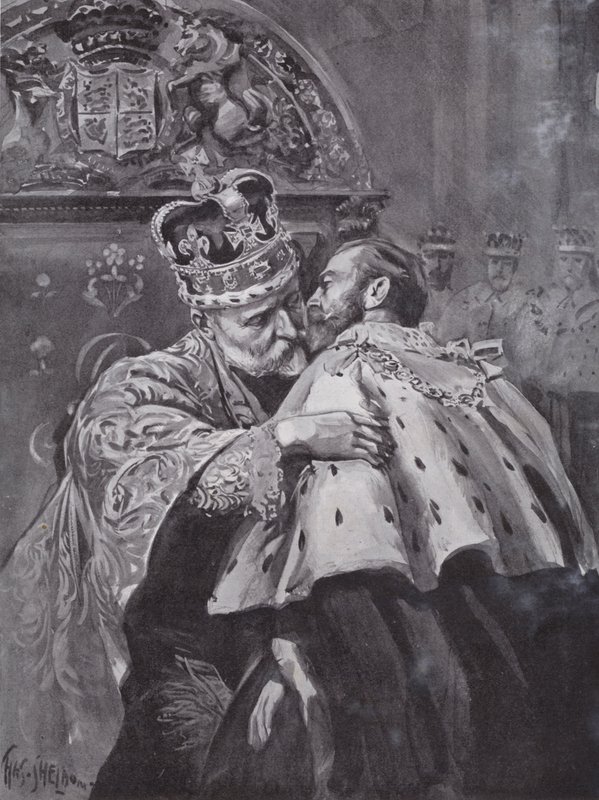 King Edward VII embracing his son, the Prince of Wales, at the king