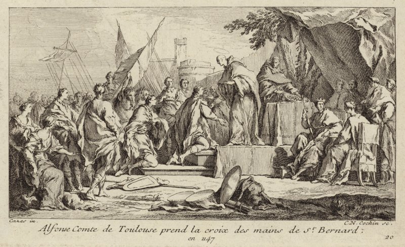 Alfons I, Count of Toulouse, takes the Cross from the hand of Bernard of Clairvaux, vowing to join the Second Crusade by Charles Nicolas II Cochin