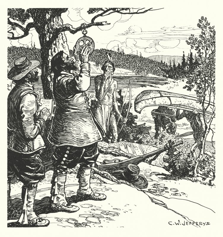 Champlain taking an observation with the Astrolabe, on the Ottawa by Charles William (after) Jefferys
