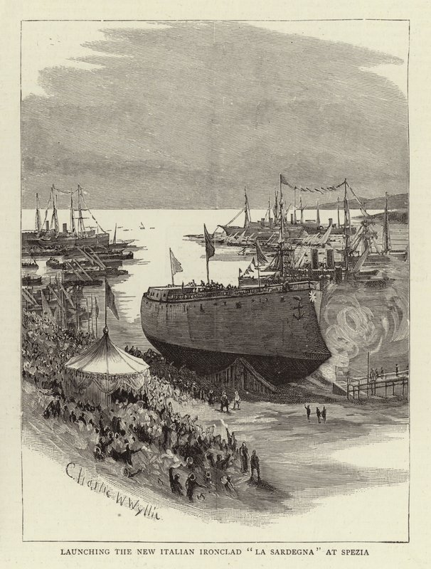 Launching the New Italian Ironclad La Sardegna at Spezia by Charles William Wyllie