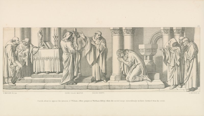 Harold, about to oppose the invasion of William, offers prayer at Waltham Abbey by Daniel Maclise