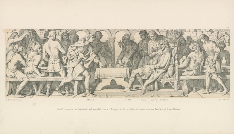 Harold Conqueror at Stamford, and Wounded, Sits at a Banquet in York. A Herald Announces the Landing of Duke William by Daniel Maclise