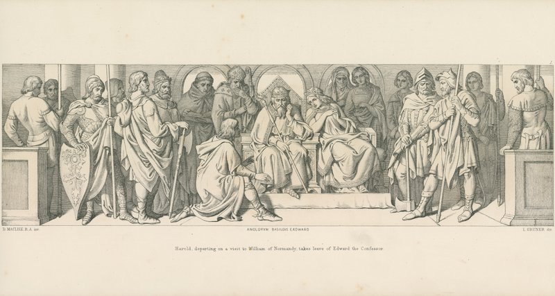 Harold, departing on a visit to William of Normandy, takes leave of Edward the Confessor by Daniel Maclise