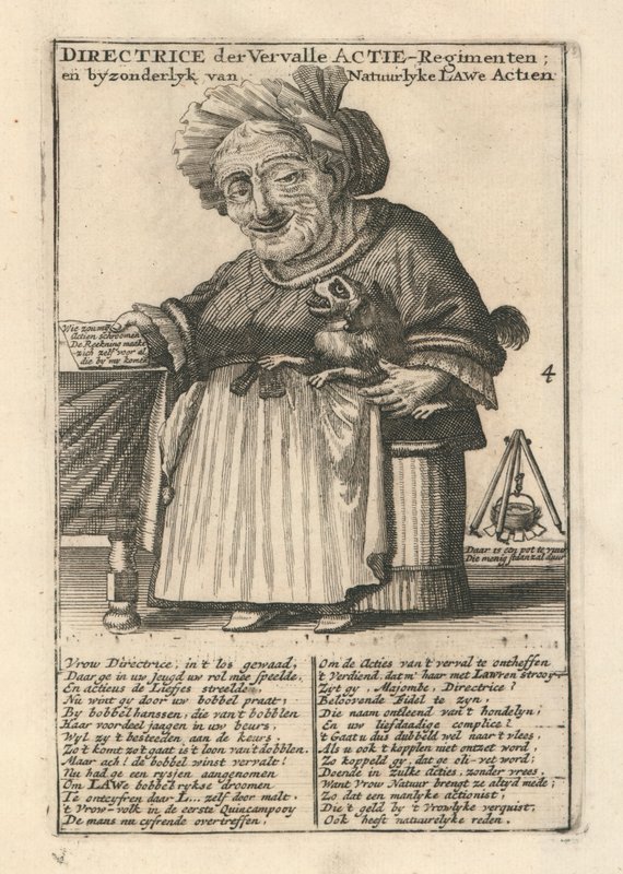 Directress of the decayed stock-regiments, satirical print on the Mississippi Bubble by Dutch School