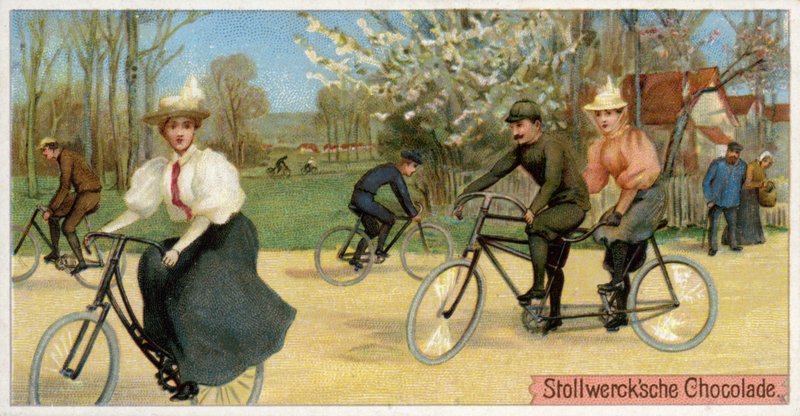Men and women on bicycles by Dutch School