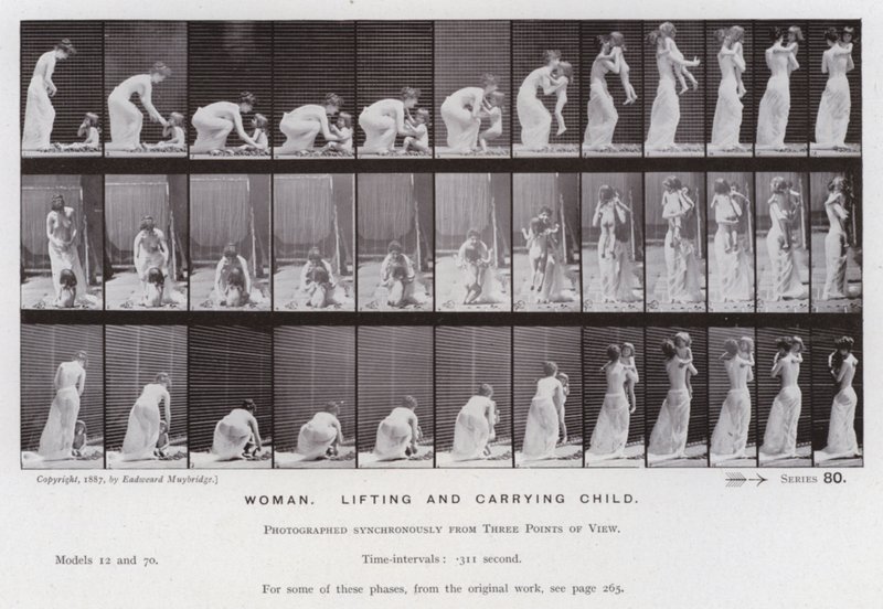 The Human Figure in Motion: Woman, lifting and carrying child by Eadweard Muybridge