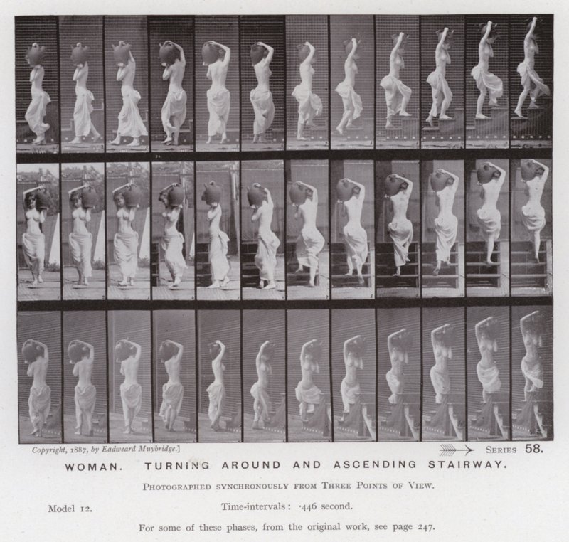 The Human Figure in Motion: Woman, turning around and ascending stairway by Eadweard Muybridge
