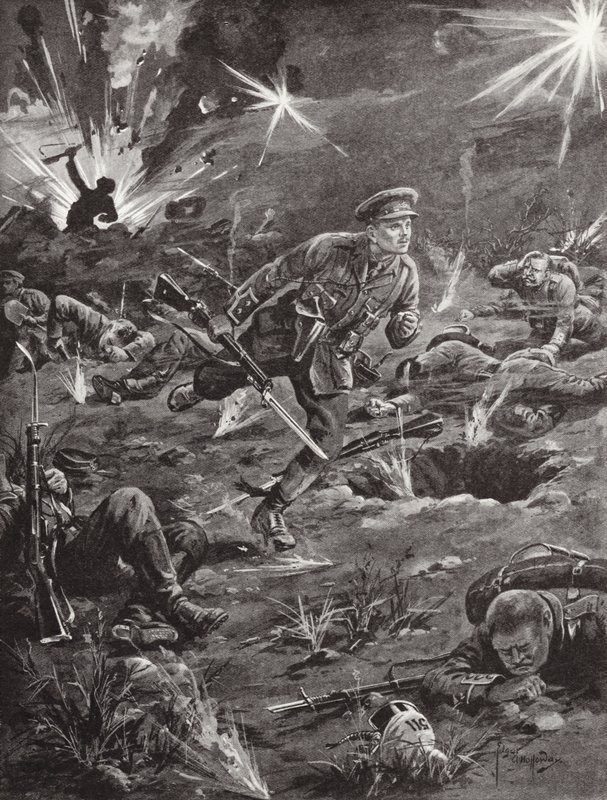 Lieutenant Benjamin Geary hurrying, under heavy shellfire, to a trench on the right of Hill 60 to get into touch with an officer, Ypres, Belgium, April 1915 by Edgar Alfred Holloway