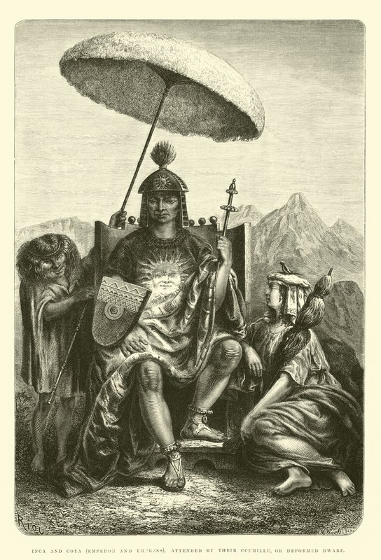 Inca and Coya (Emperor and Empress), attended by their Ccumillu, or Deformed Dwarf by Edouard Riou