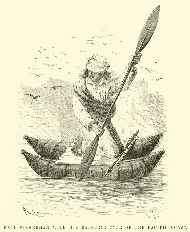 Seal Fisherman with his Balsero, Type of the Pacific Coast by Edouard Riou