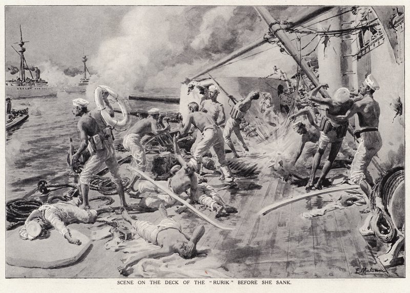 Scene on the deck of The Rurik before she sank by Edouardo Matania