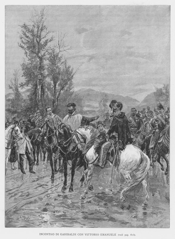 Meeting of Garibaldi with Victor Emmanuel (engraving) by Edouardo Matania