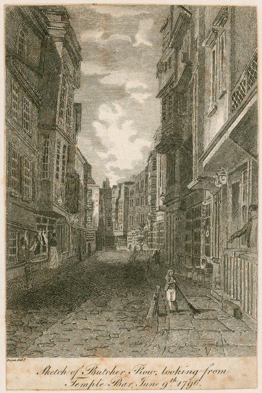 Sketch of Butcher Row, looking from Temple Bar, 9 June 1796 by Edward Dayes