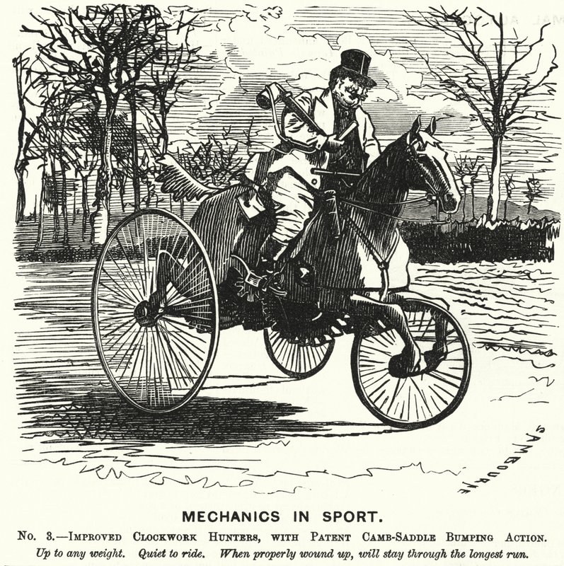 Mechanics in Sport. No 3. - Improved Clockwork Hunters, with Patent Camb-Saddle Bumping Action (engraving) by Edward Linley (after) Sambourne