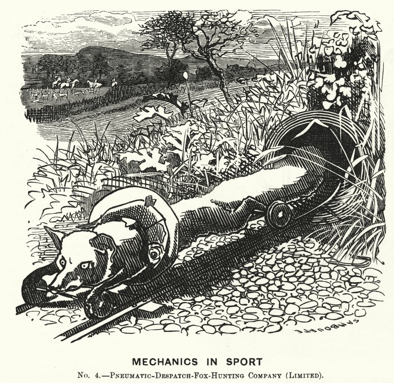 Punch cartoon: Mechanics in Sport. No 4. - Pneumatic Despatch Fox Hunting Company (Limited) by Edward Linley (after) Sambourne