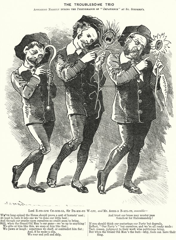Punch cartoon: The Troublesome Trio: Lord Randolph Churchill, Henry Drummond Wolff and Ellis Ashmead-Bartlett, British Conservative politicians by Edward Linley (after) Sambourne