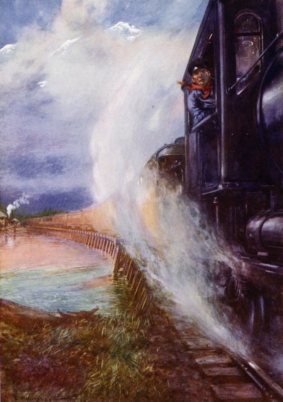 Train Passing Alongside the Skeena River on the Grand Trunk Pacific Railway, Canada by Edward Parick Kinsella
