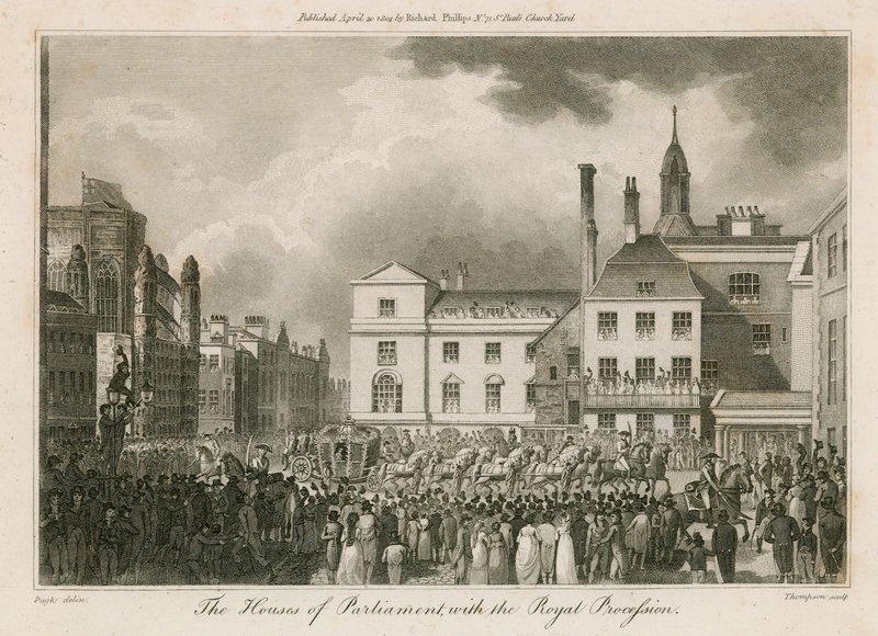 The Houses of Parliament with the Royal Procession by Edward Pugh