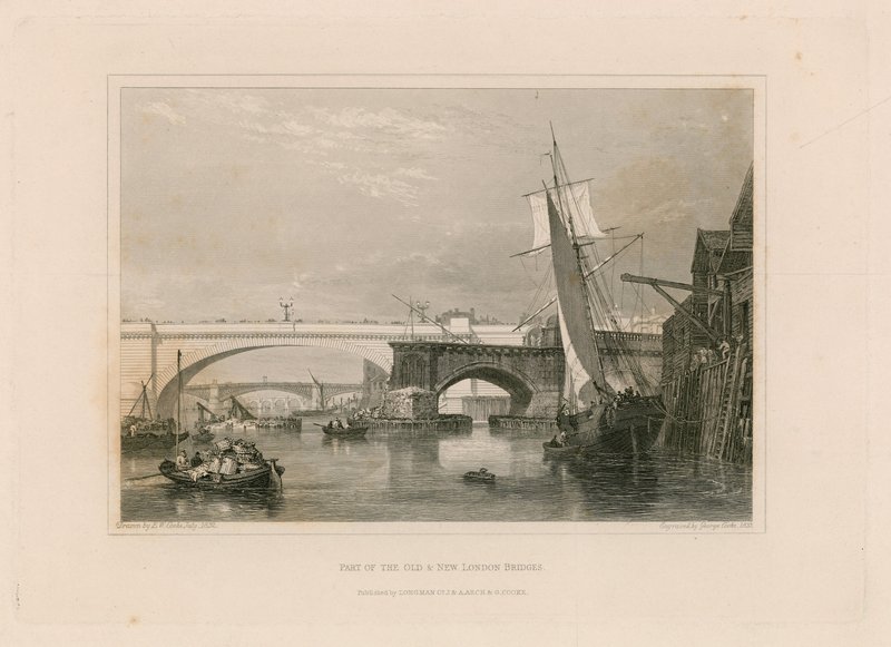 Part of the Old and New London Bridges. Drawn 1832 by Edward William Cooke