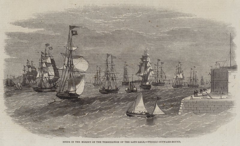 Scene in the Mersey on the Termination of the Late Gale, Vessels Outward-Bound by Edwin Weedon