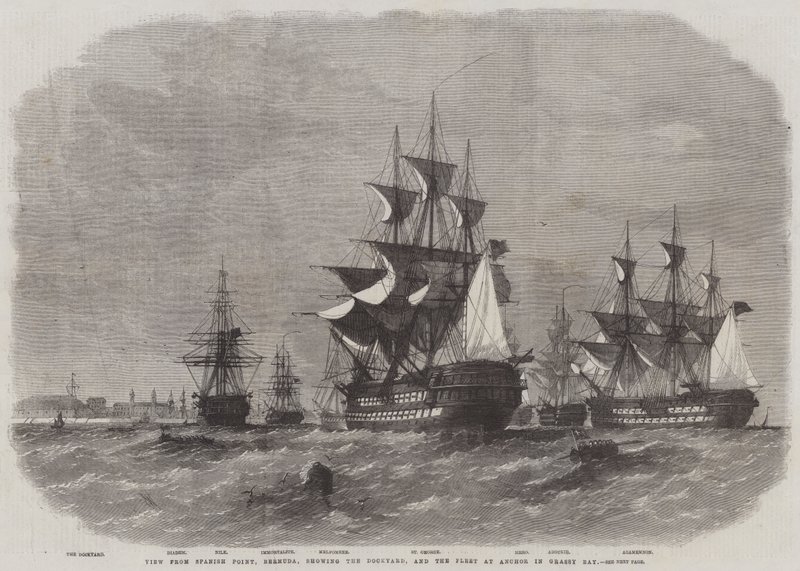 View from Spanish Point, Bermuda, showing the Dockyard, and the Fleet at Anchor in Grassy Bay by Edwin Weedon