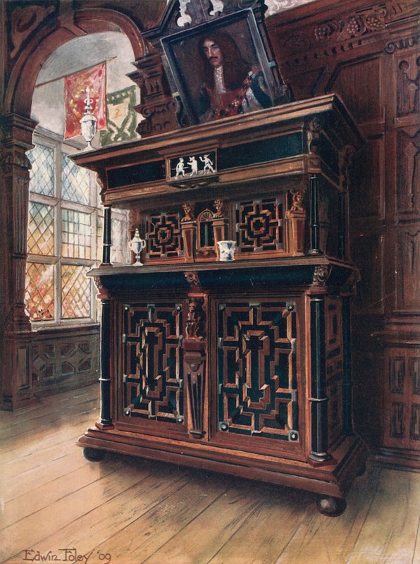 A Cabinet of Oak and Walnut, with Ebony Panels and Columns, Inlaid with Rosewood and Ivory Engraved by Edwin John Foley