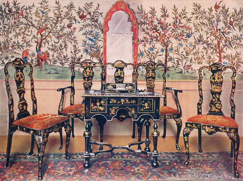 Black Lacquer Settee, Chairs and Table, Red Lacquer Mirror. Wall-Paper at Wotton-under-Edge by Edwin John Foley