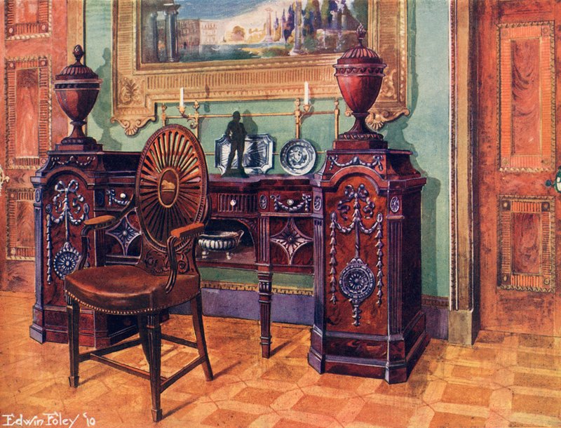 Carved Mahogany Pedestal Sideboard. Oval Wheel-Back Master