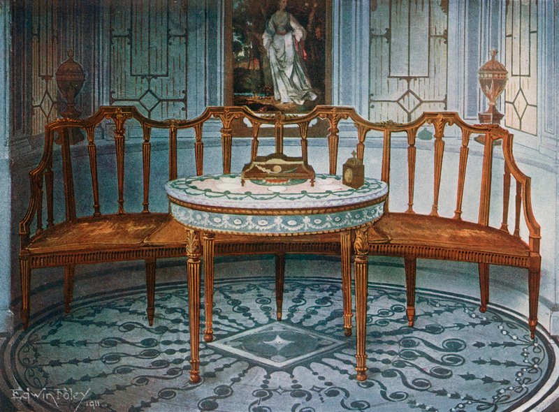 Carved Satinwood Barback Settee. Painted and Gilt Table by Edwin John Foley
