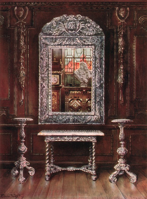 Mirror, Gueridons, and Table Overlaid with Silver Plaques by Edwin John Foley